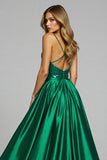 Sparkly Dark Green A Line Sequin V Neck Long Formal Dress with Slit