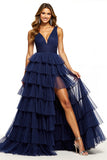Navy Tiered V Neck Ruffled Long Formal Dress with Slit