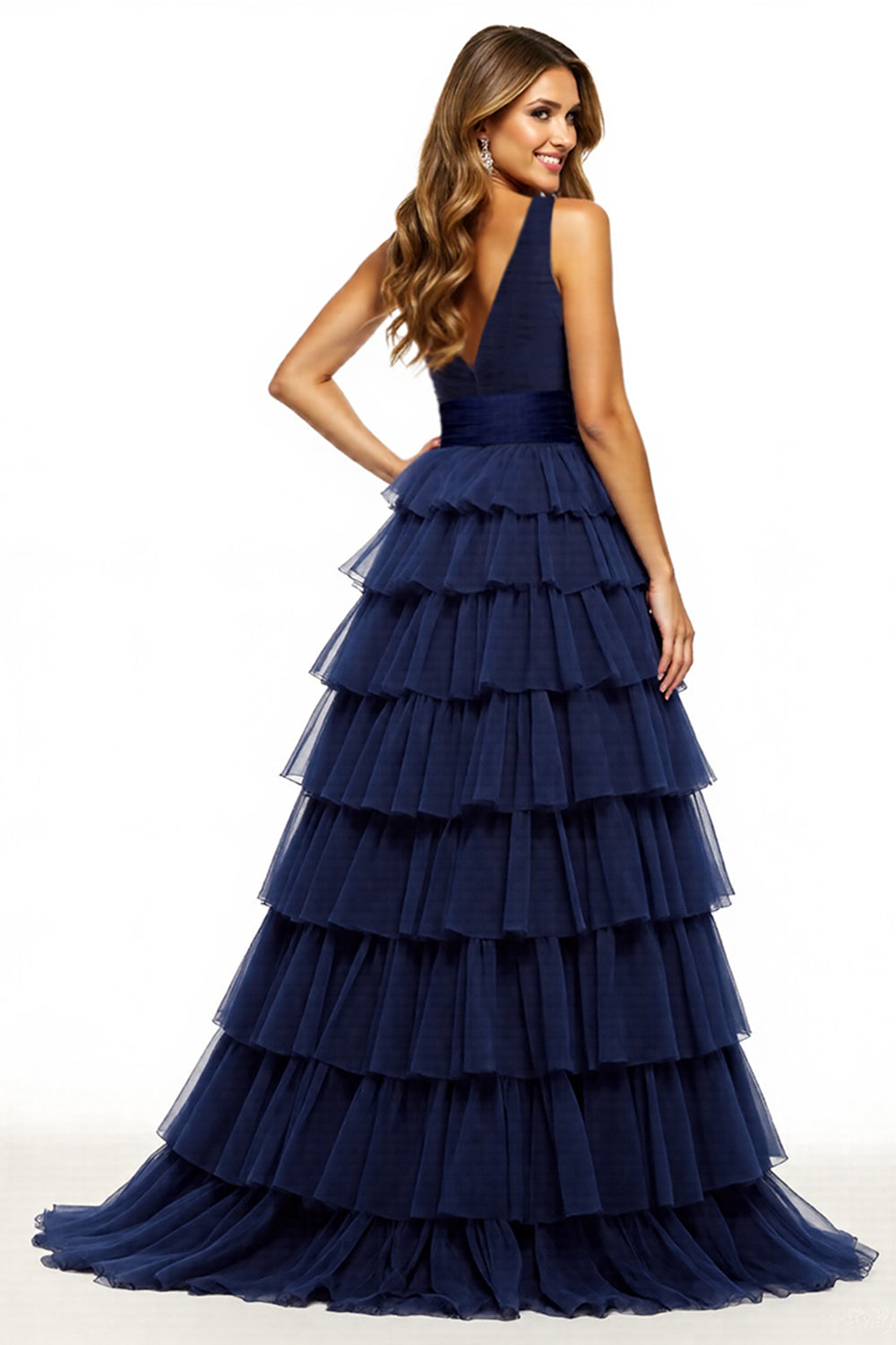 Navy Tiered V Neck Ruffled Long Formal Dress with Slit