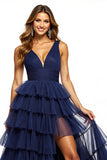 Navy Tiered V Neck Ruffled Long Formal Dress with Slit