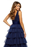 Navy Tiered V Neck Ruffled Long Formal Dress with Slit