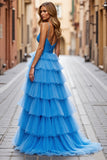Sky Blue Ball Gown Ruffled Tulle Long Formal Dress with Slit