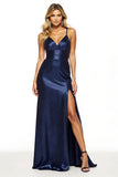 Navy Satin Sheath Long Formal Dress with Slit