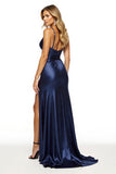 Navy Satin Sheath Long Formal Dress with Slit