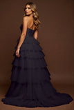 A Line Strapless Ruffled Black Long Formal Dress with Slit
