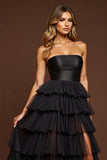 A Line Strapless Ruffled Black Long Formal Dress with Slit