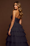 A Line Strapless Ruffled Black Long Formal Dress with Slit