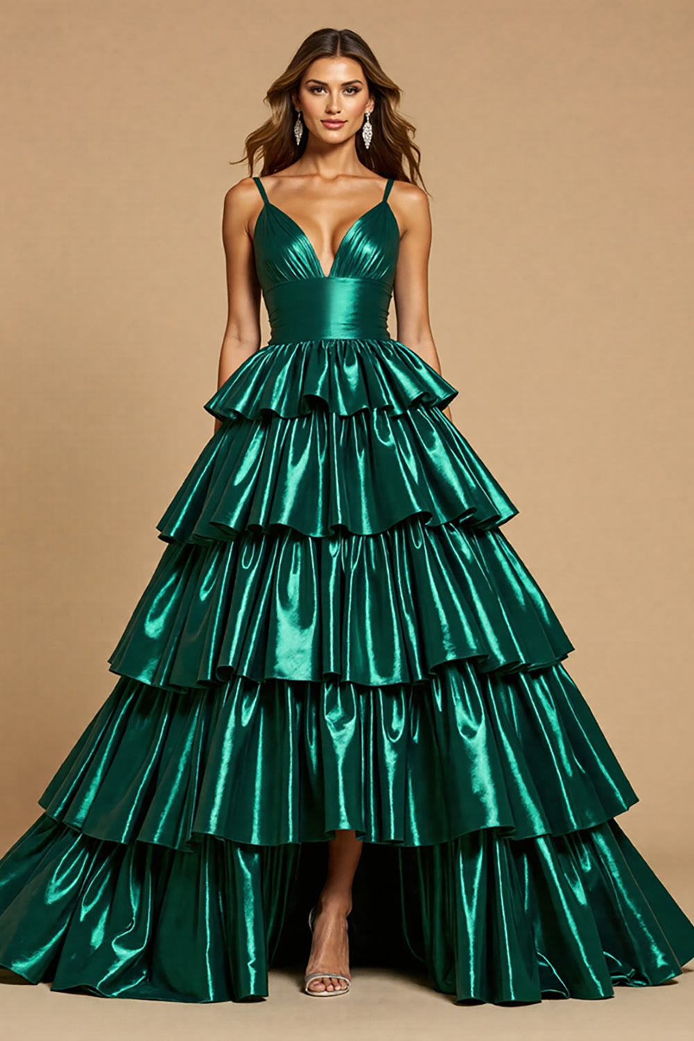 Dark Green Metallic Ruffled Ball Gown Tiered Long Formal Dress