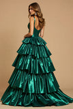 Dark Green Metallic Ruffled Ball Gown Tiered Long Formal Dress