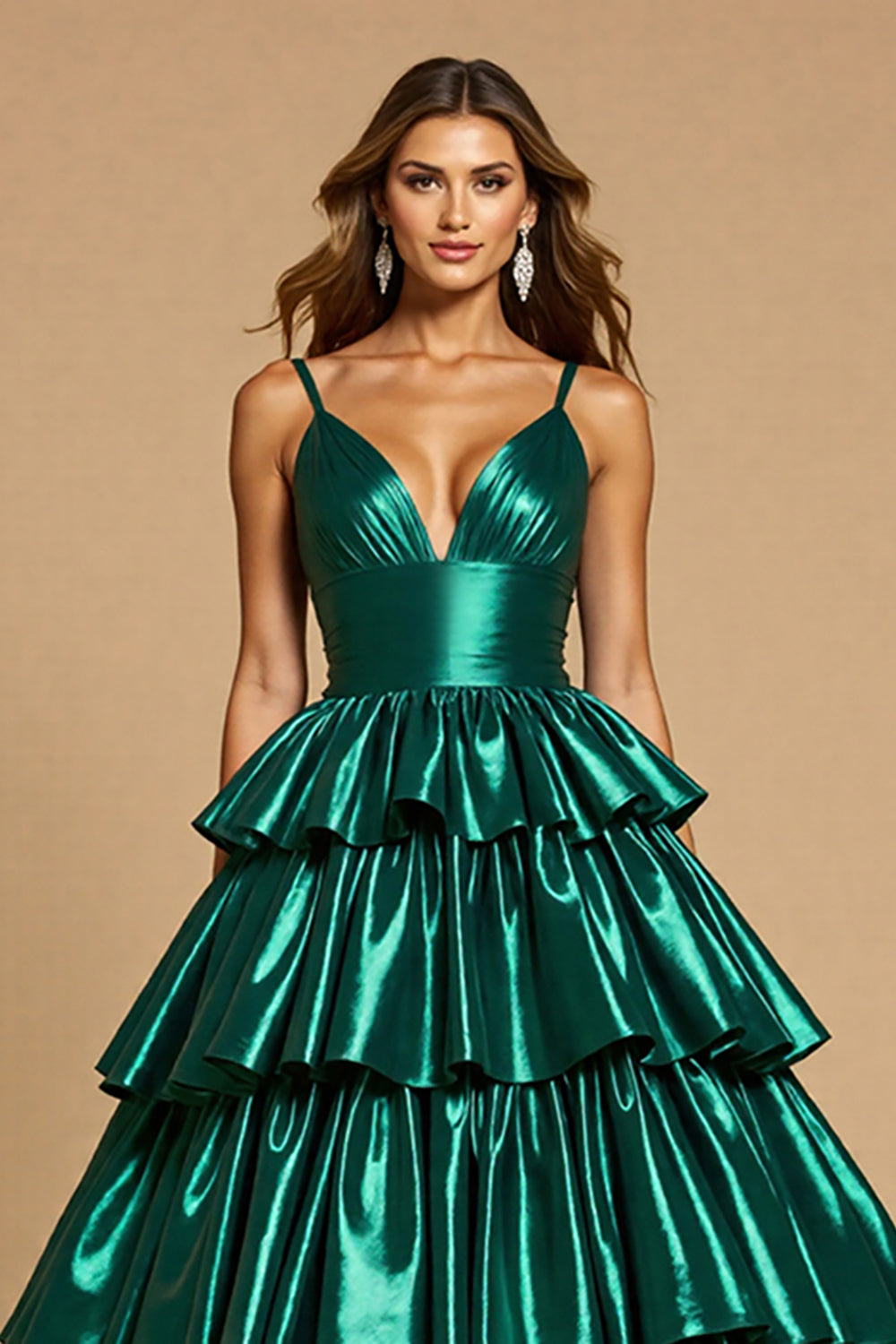Dark Green Metallic Ruffled Ball Gown Tiered Long Formal Dress