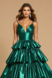 Dark Green Metallic Ruffled Ball Gown Tiered Long Formal Dress