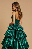 Dark Green Metallic Ruffled Ball Gown Tiered Long Formal Dress