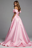 Pink Satin Ball Gown Off the Shoulder Ruffled Long Formal Dress