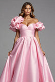 Pink Satin Ball Gown Off the Shoulder Ruffled Long Formal Dress