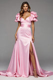 Pink Satin Ruffled Long Mermaid Formal Dress with Slit