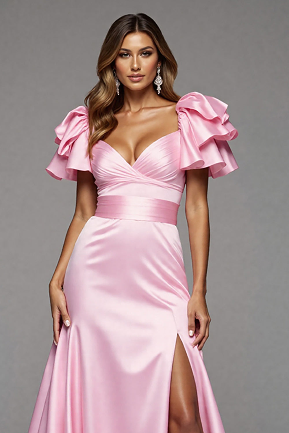 Pink Satin Ruffled Long Mermaid Formal Dress with Slit