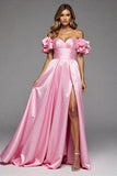 Pink A Line Ruffled Off The Shoulder Long Formal Dress with Slit