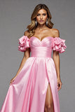 Pink A Line Ruffled Off The Shoulder Long Formal Dress with Slit
