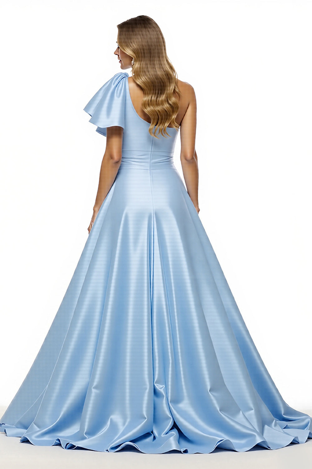 Sparkly Blue Satin A Line Ruffled Long Formal Dress with Slit