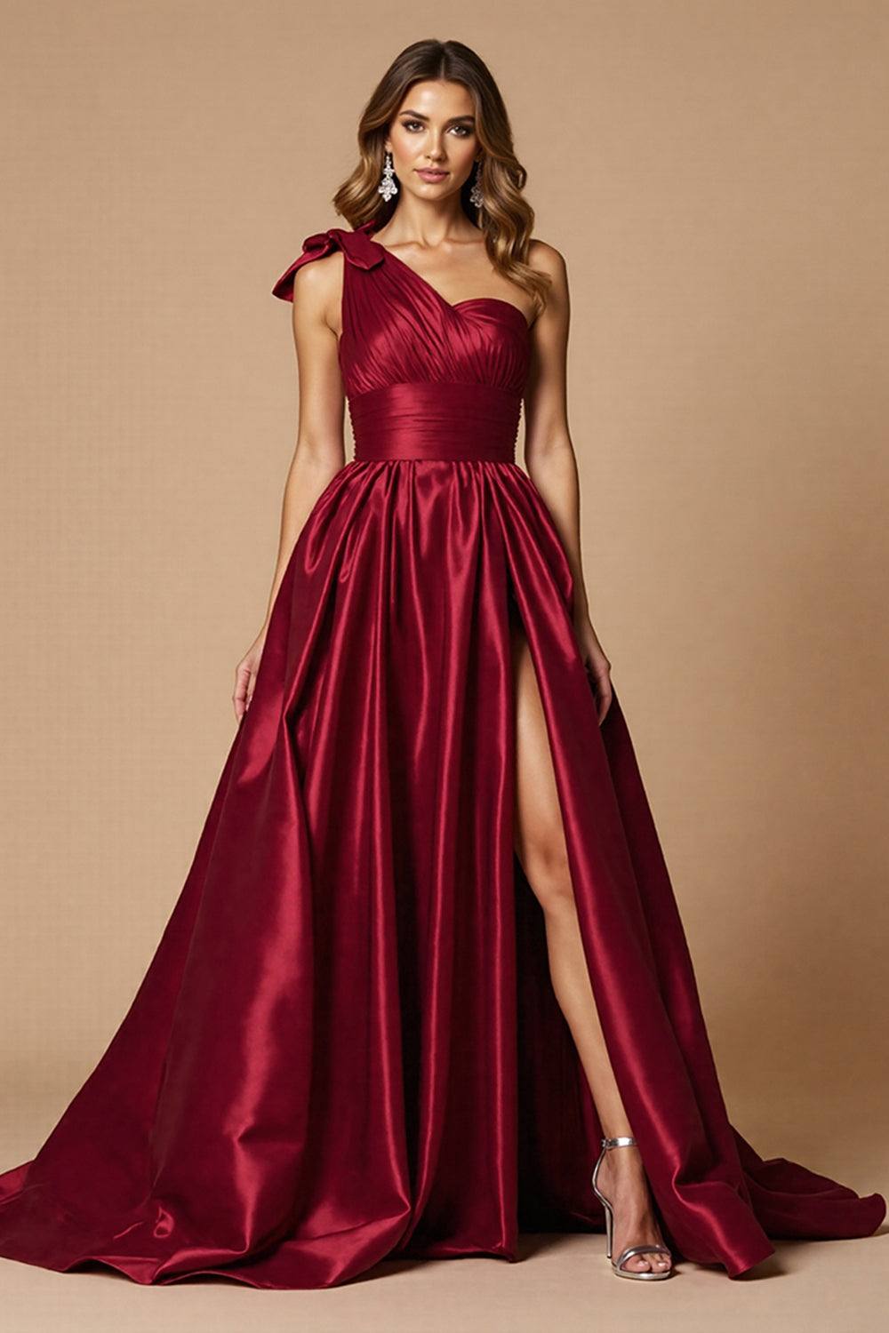 Burgundy A Line Satin One Shoulder Long Formal Dress with Slit