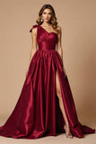 Burgundy A Line Satin One Shoulder Long Formal Dress with Slit