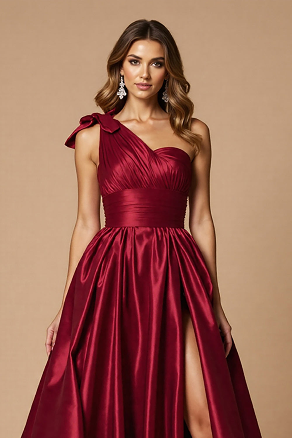 Burgundy A Line Satin One Shoulder Long Formal Dress with Slit