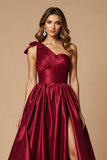 Burgundy A Line Satin One Shoulder Long Formal Dress with Slit