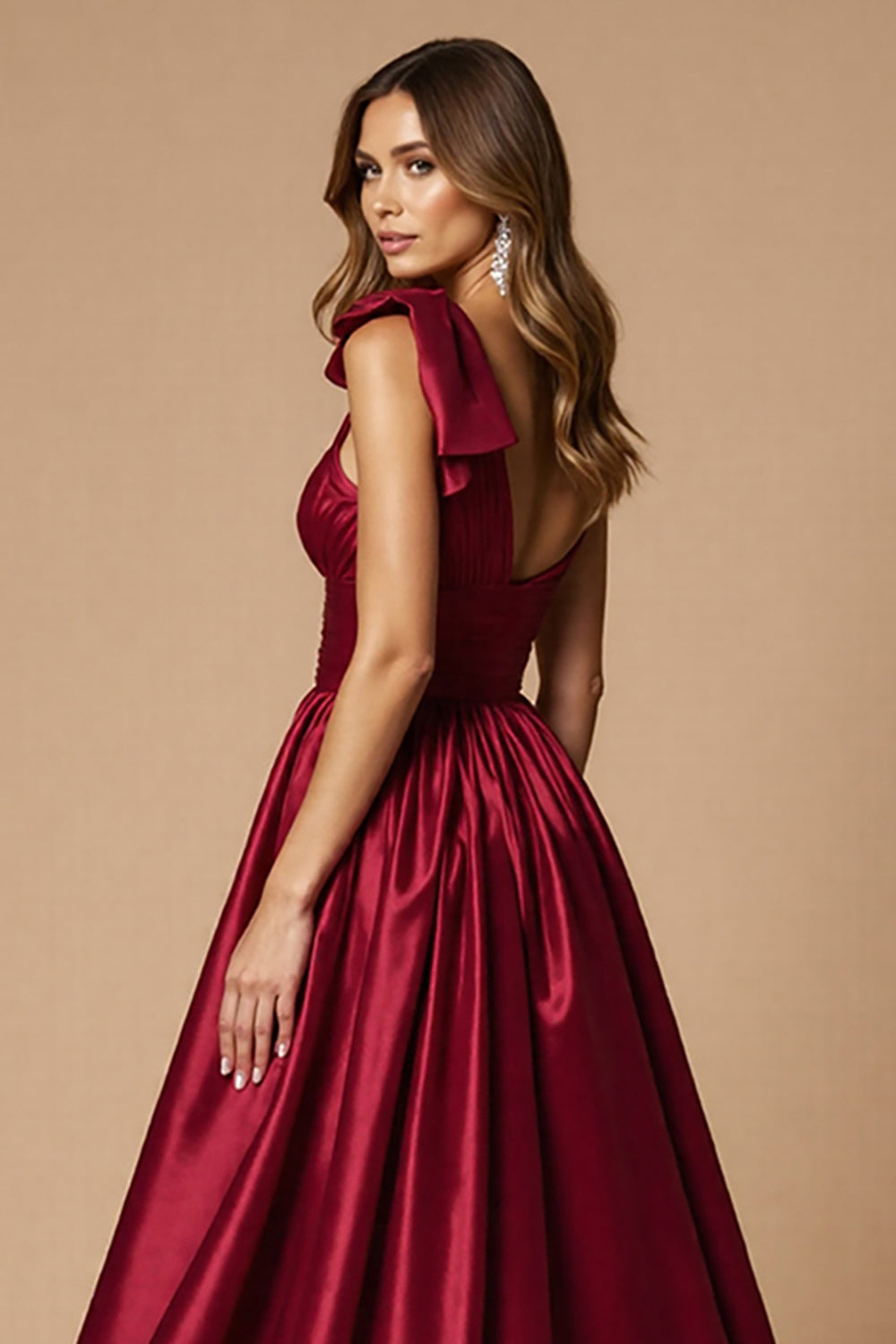 Burgundy A Line Satin One Shoulder Long Formal Dress with Slit