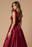 Burgundy A Line Satin One Shoulder Long Formal Dress with Slit