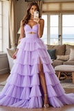 Purple Ball Gown Ruffled Long Tiered Formal Dress with Slit