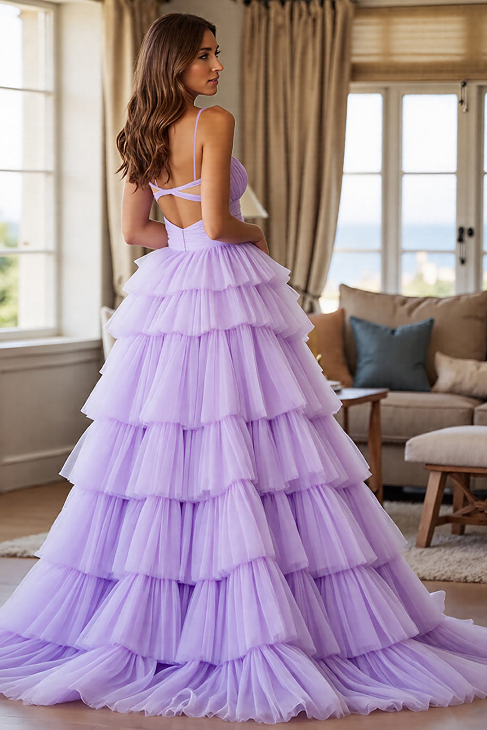 Purple Ball Gown Ruffled Long Tiered Formal Dress with Slit