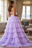 Purple Ball Gown Ruffled Long Tiered Formal Dress with Slit