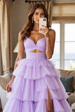 Purple Ball Gown Ruffled Long Tiered Formal Dress with Slit