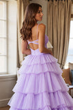 Purple Ball Gown Ruffled Long Tiered Formal Dress with Slit