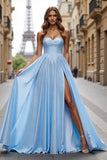 A Line Blue Satin Sweetheart Long Formal Dress with Slit