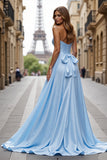 A Line Blue Satin Sweetheart Long Formal Dress with Slit
