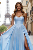 A Line Blue Satin Sweetheart Long Formal Dress with Slit