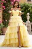 Yellow Tulle Ruffled Ball Gown Tiered Long Formal Dress with Slit