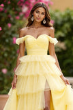 Yellow Tulle Ruffled Ball Gown Tiered Long Formal Dress with Slit