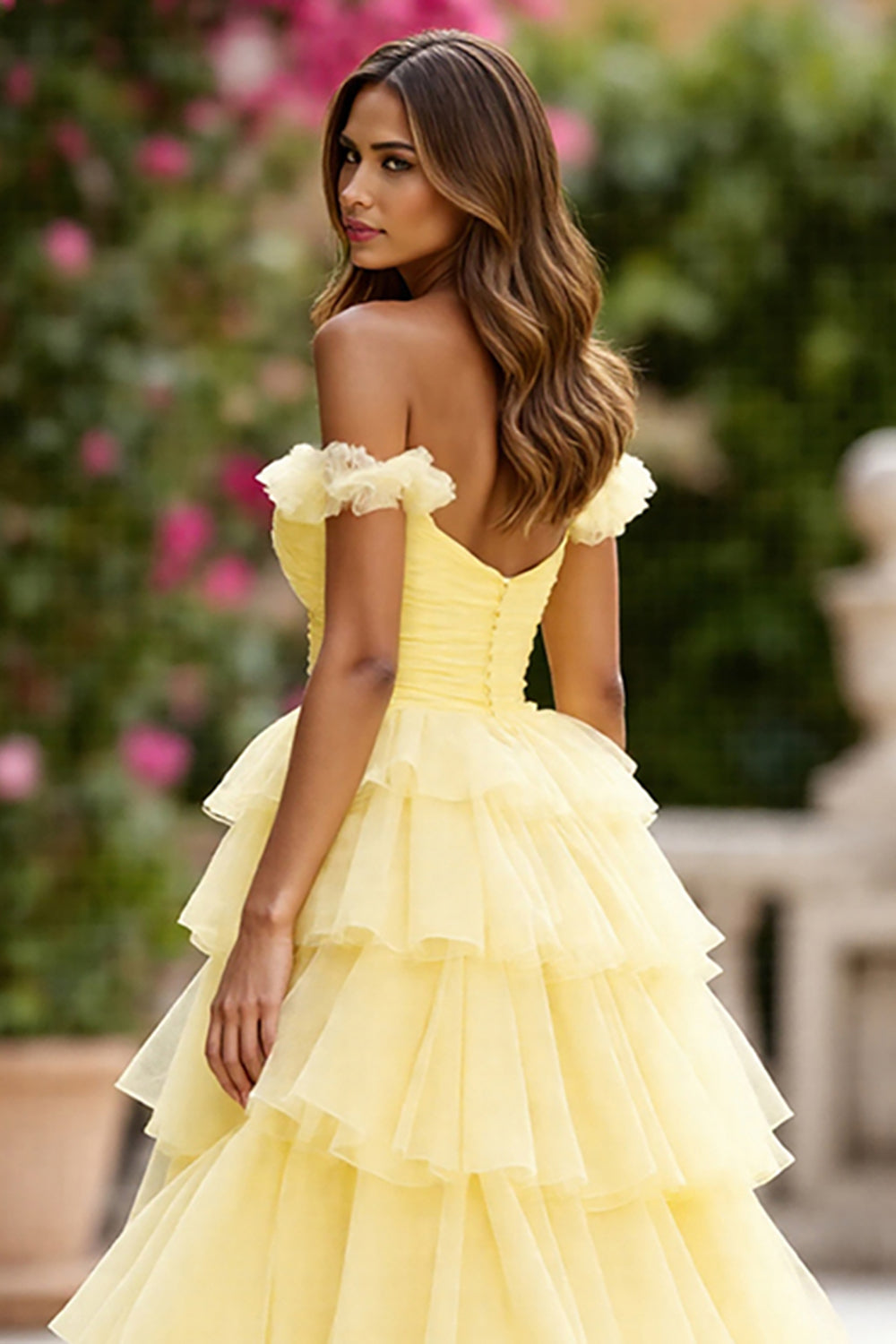 Yellow Tulle Ruffled Ball Gown Tiered Long Formal Dress with Slit