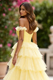 Yellow Tulle Ruffled Ball Gown Tiered Long Formal Dress with Slit