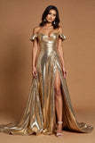 Golden Metallic Ruffled A Line Long Formal Dress with Slit