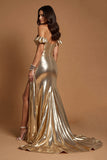 Golden Metallic Ruffled A Line Long Formal Dress with Slit