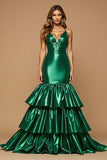 Dark Green Metallic V Neck Mermaid Ruffled Long Formal Dress