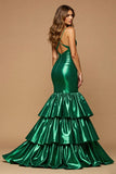 Dark Green Metallic V Neck Mermaid Ruffled Long Formal Dress