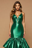 Dark Green Metallic V Neck Mermaid Ruffled Long Formal Dress