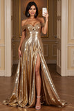 Golden A Line Off the Shoulder Metallic Long Formal Dress with Slit