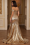 Golden A Line Off the Shoulder Metallic Long Formal Dress with Slit