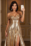 Golden A Line Off the Shoulder Metallic Long Formal Dress with Slit