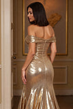 Golden A Line Off the Shoulder Metallic Long Formal Dress with Slit